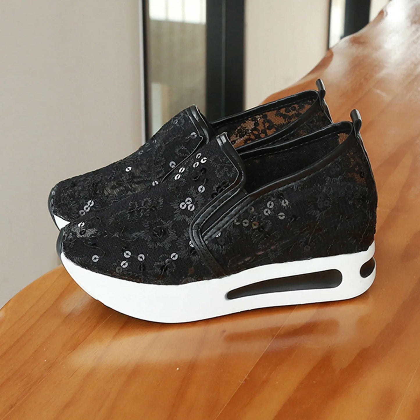 Ladies Slip-On Sequin Loafers Breathable Thick Soled Casual Sports Vulcanized Shoes Womens Colorblock Thick Platform Sneakers