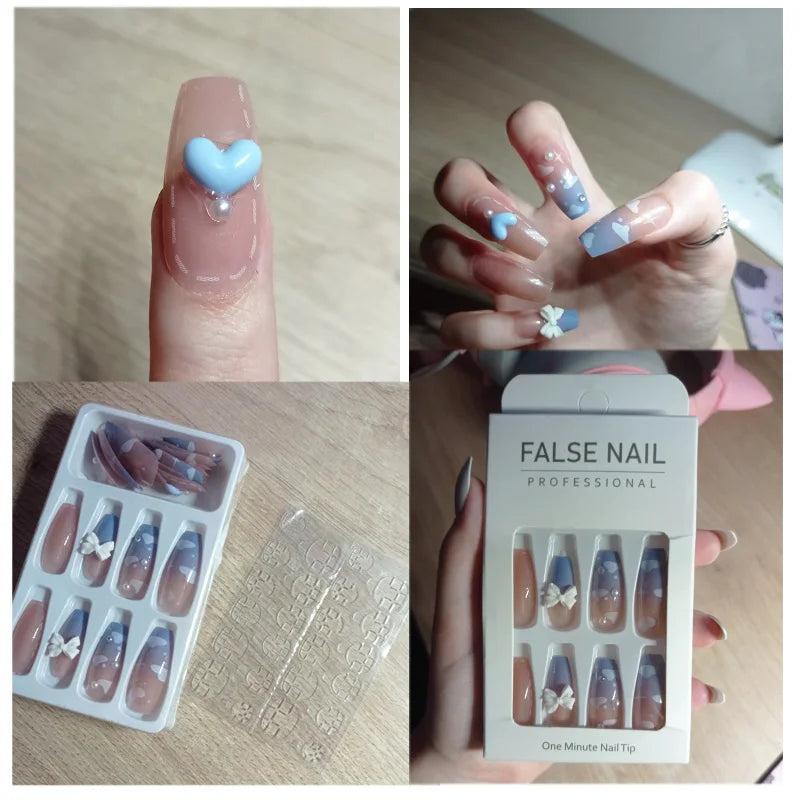 24pcs Mid Length Fake Nails Ballet Removable Wear Full Cover Coffin Head Press on Nail Artificial Manicure Patch False Nail Tips