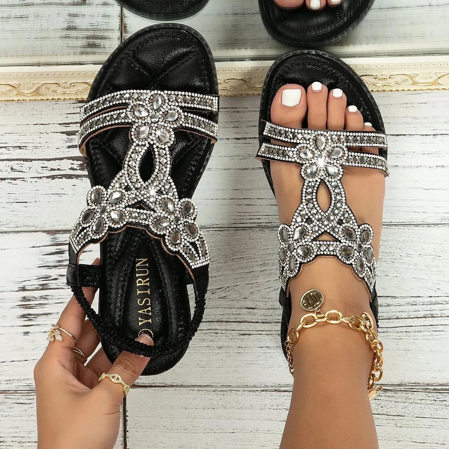 shoes Women's Sandals Comfort With Elastic Ankle Strap Casual Bohemian Beach Fashion Crystal Floral Open Toe Low Heels Sandals