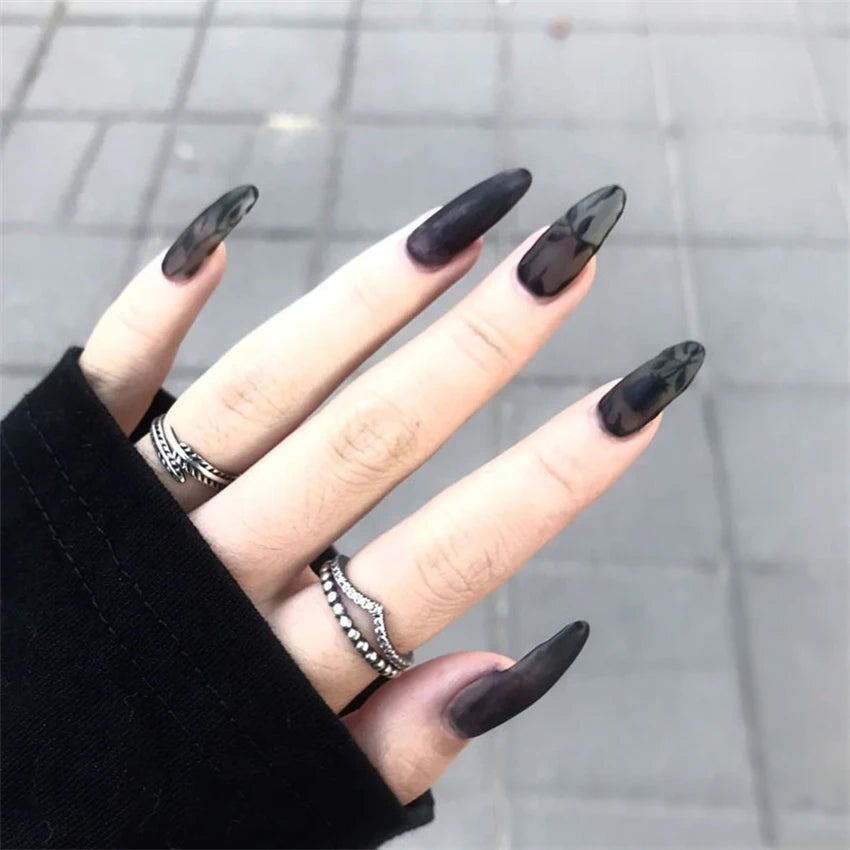 24Pcs/Set Medium Long Oval Acrylic Press on Nails Artificial Full Cover Wearing False Nails Black Gradient Almond Fake Nails Art