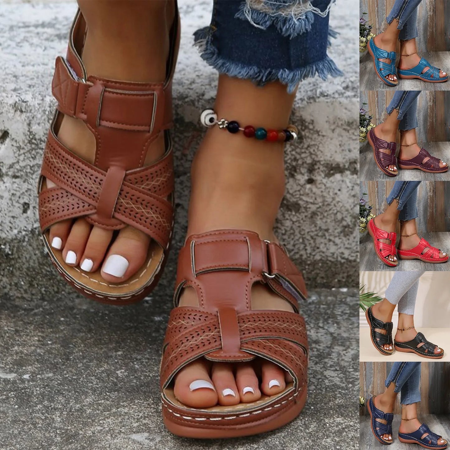 Summer Women Wedge Sandals Premium Orthopedic Open Toe Sandals Vintage Leather Casual Female Platform Retro Shoes