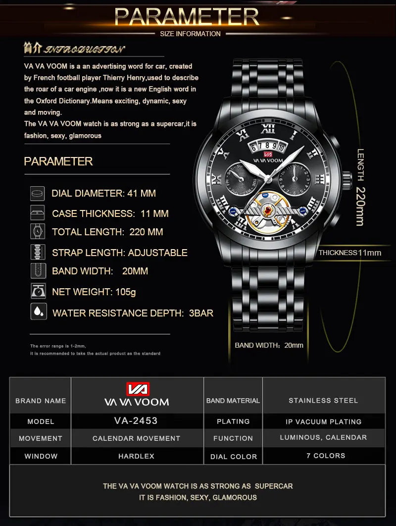 2023 New VA VA VOOM Top Brand Dropshipping Relogio Masculino Men Luxury Luminous Wristwatch Imitate Quartz Sports Watch For Men