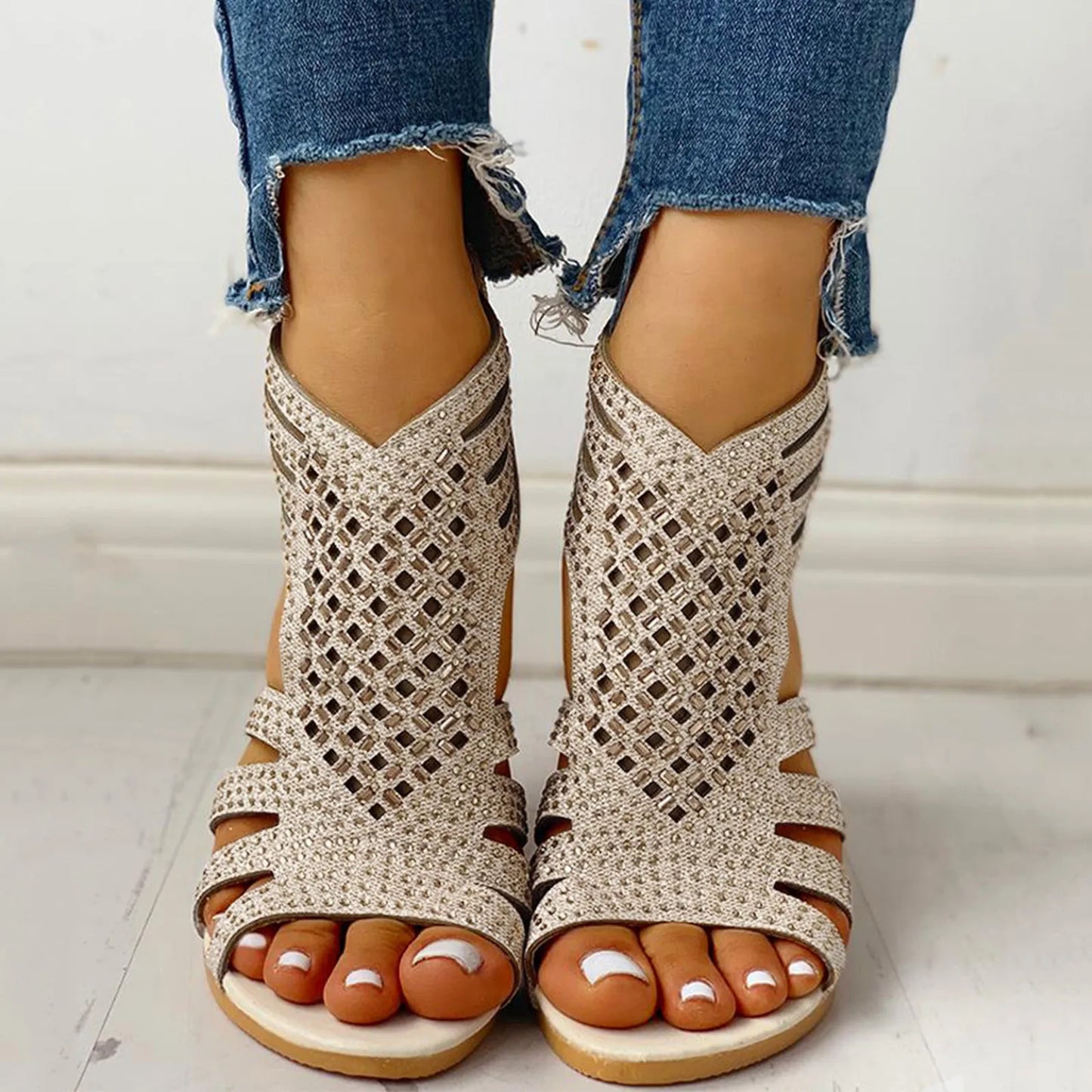 Women's Ladies Sandals Fashion Vintage Crystal Outdoor Hollow Out Zip Up Sandals Female Summer Boho Shoes босоножки женские 2022