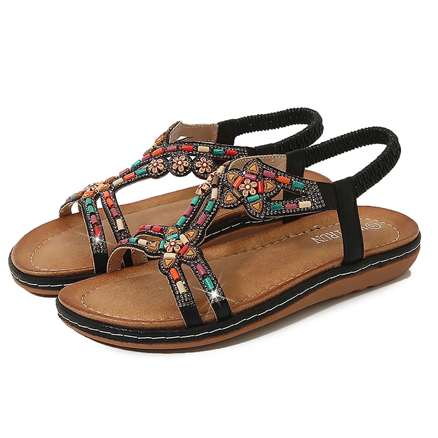 Bohemian Style Flat Sandals for Women 2023 Summer Rhinestone Beads Casual Sandals Woman Plus Size Platform Beach Shoes Zapatos