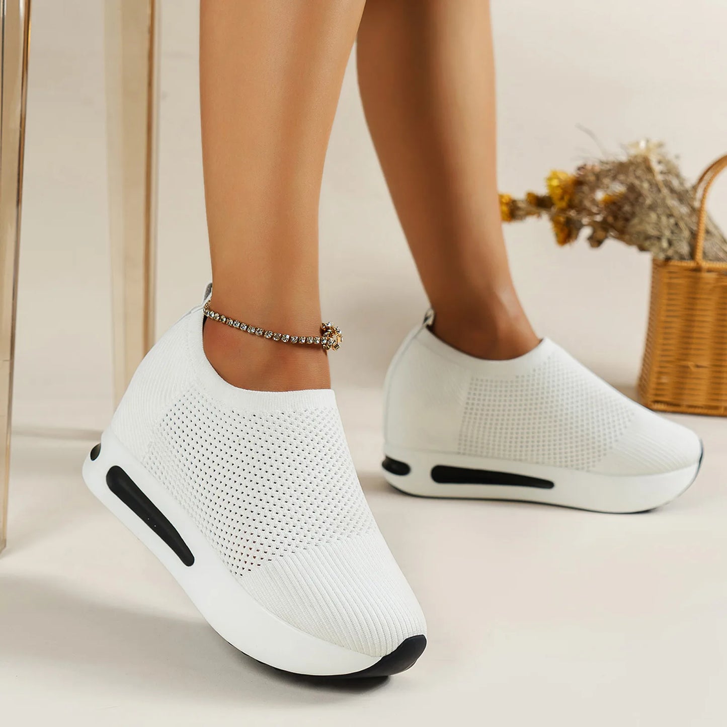 Women'S Tennis Shoes Free Shipping Solid Color Breathable Mesh Hollow Wedges Thick Sole Rocking Shoes Woman Platform Sneakers