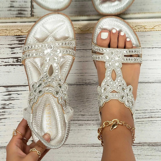 shoes Women's Sandals Comfort With Elastic Ankle Strap Casual Bohemian Beach Fashion Crystal Floral Open Toe Low Heels Sandals