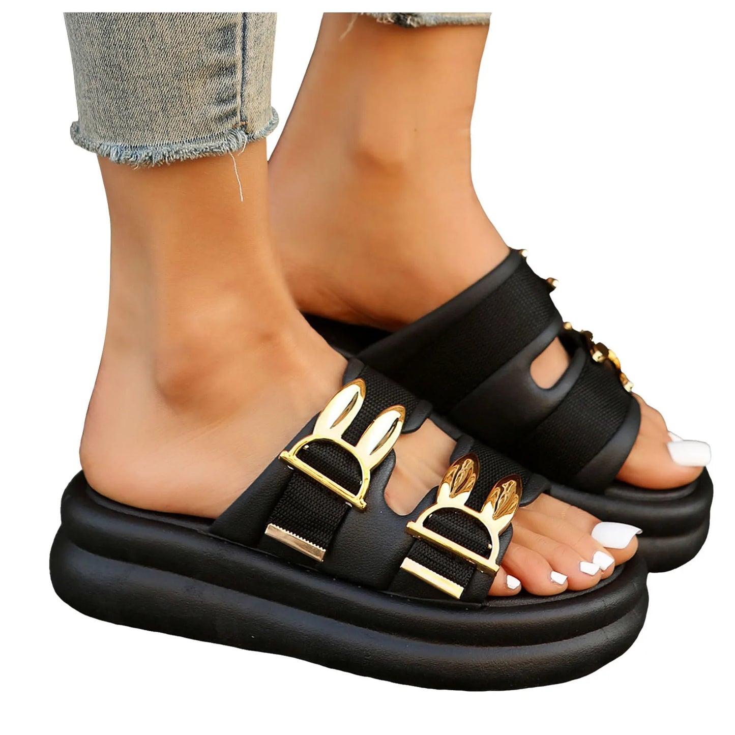 Cake Thick Sole Sandals Teen Slippers For Girls Metal Buckle Double Broadband Beach Platform Sandals Shoes Woman 2024 Trend