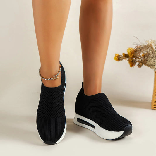 Women'S Tennis Shoes Free Shipping Solid Color Breathable Mesh Hollow Wedges Thick Sole Rocking Shoes Woman Platform Sneakers