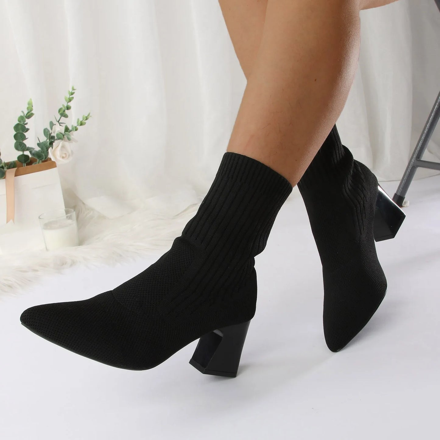 2023 Boots For Autumn Winter Shoes Pointed Toe Thick Heels High Heels Knitted Elastic Socks Boots Women'S Rain Boots Botas Mujer