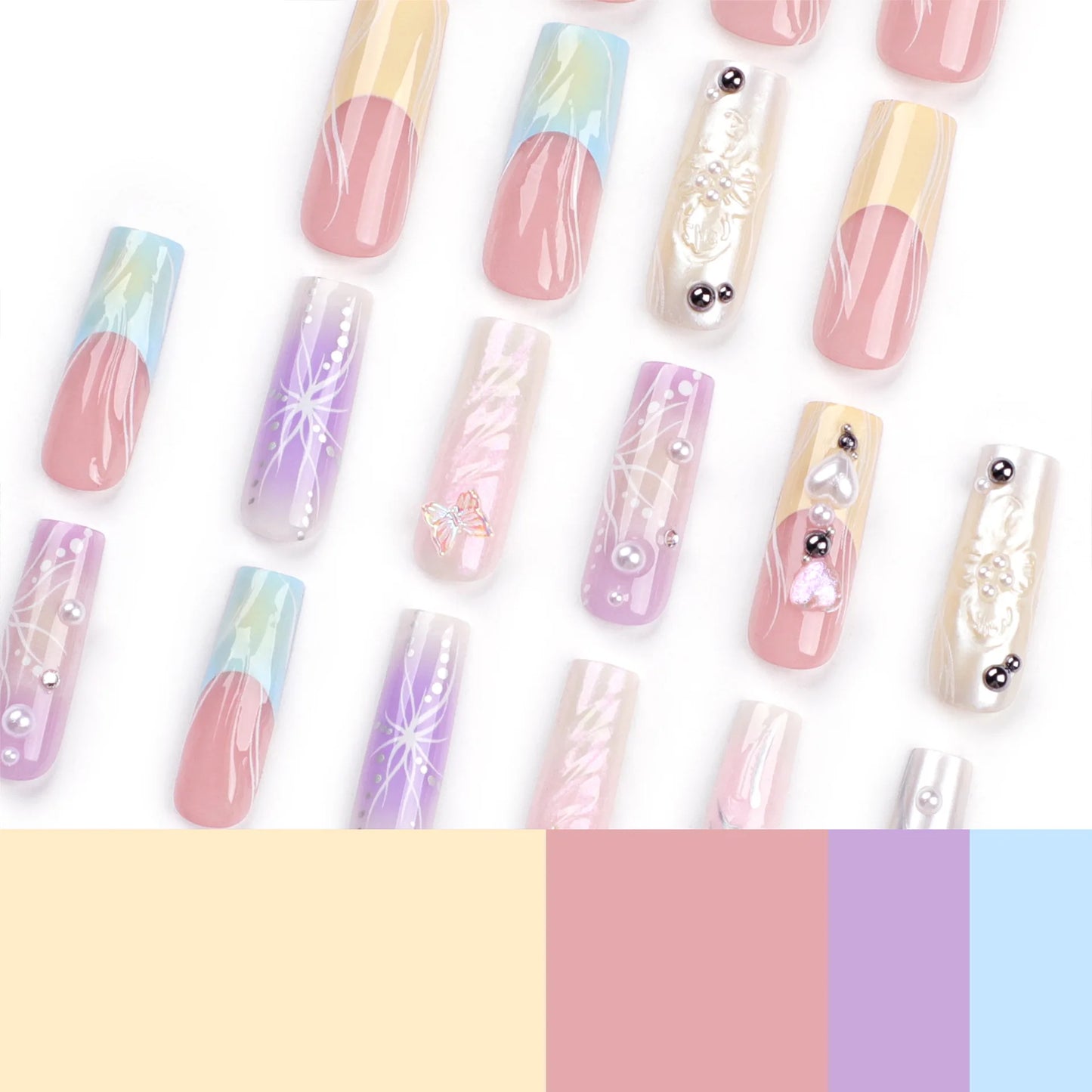 24PCS French 3D Colorful False Nails Wearing Nail Patch Gradient Y2K Butterfly Square Nail Art Artificial Nails With Adhesive
