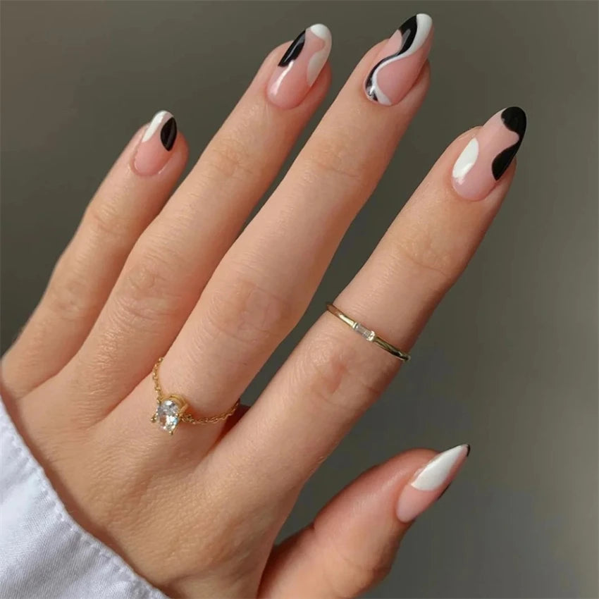24Pcs/Set Medium Long Oval Acrylic Press on Nails Artificial Full Cover Wearing False Nails Black Gradient Almond Fake Nails Art