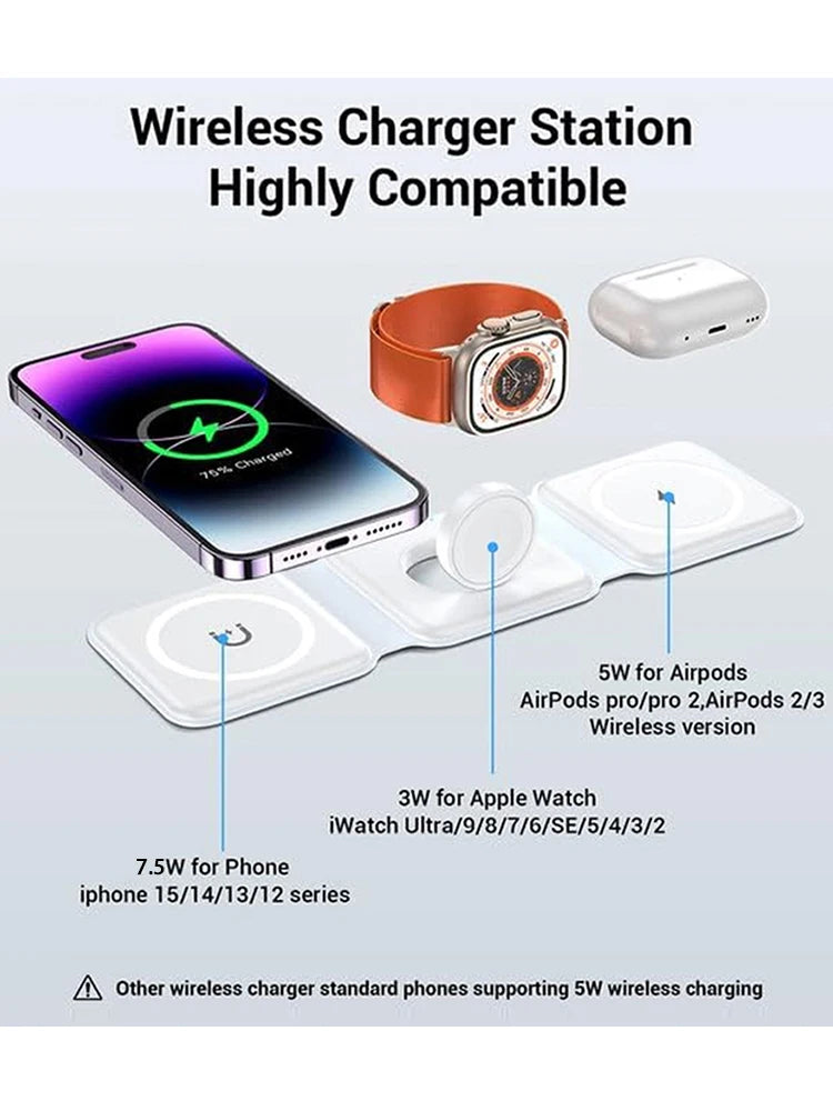 100W 3 in 1 Magnetic Portable Wireless Charger Pad for iPhone 15 14 13 12 Pro Max Apple Watch AirPods Fast Charging Dock Station