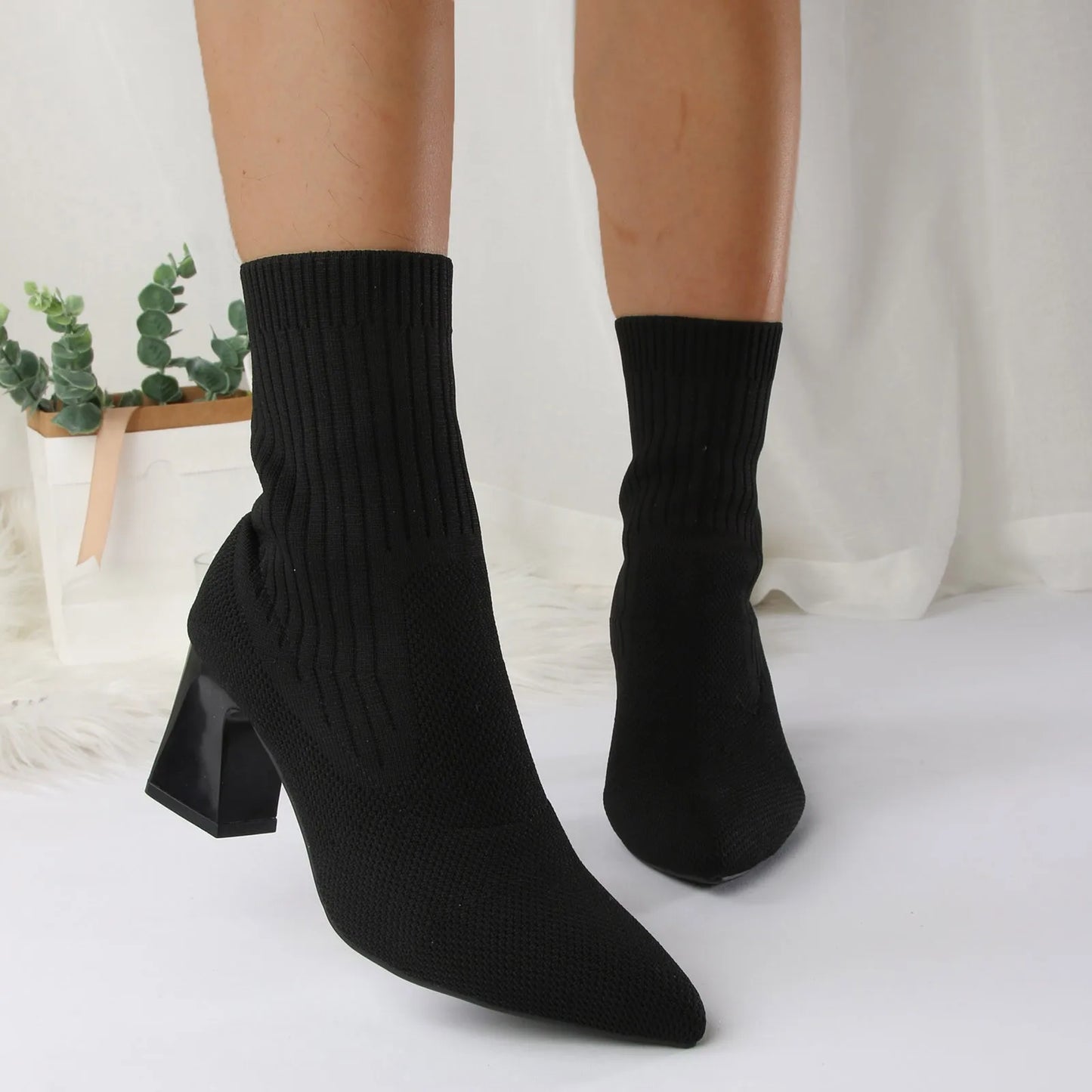 2023 Boots For Autumn Winter Shoes Pointed Toe Thick Heels High Heels Knitted Elastic Socks Boots Women'S Rain Boots Botas Mujer
