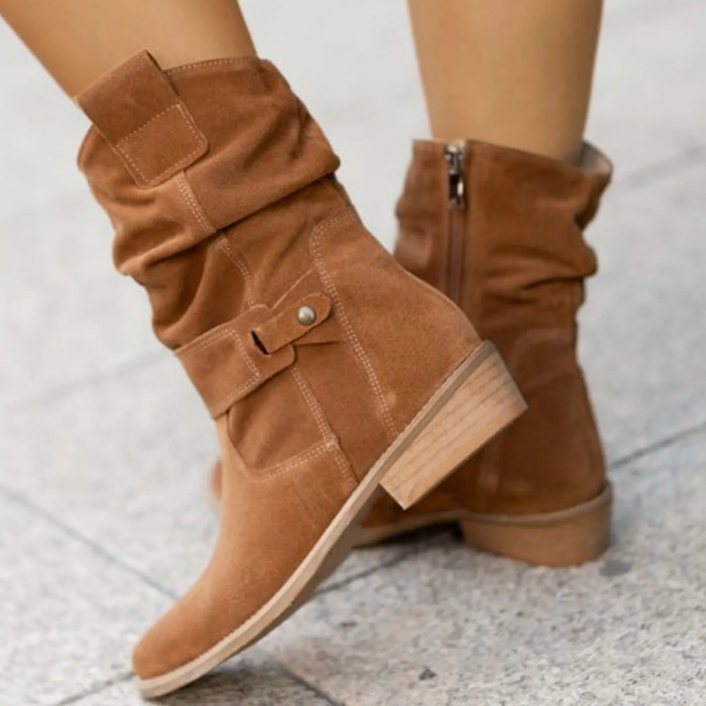 2023 Winter Warm Suede Women Boots Vintage Zipper Shoes Buckle Lady Mid-calf Boot Outdoor Thick Low Heel Female Pointed Booties