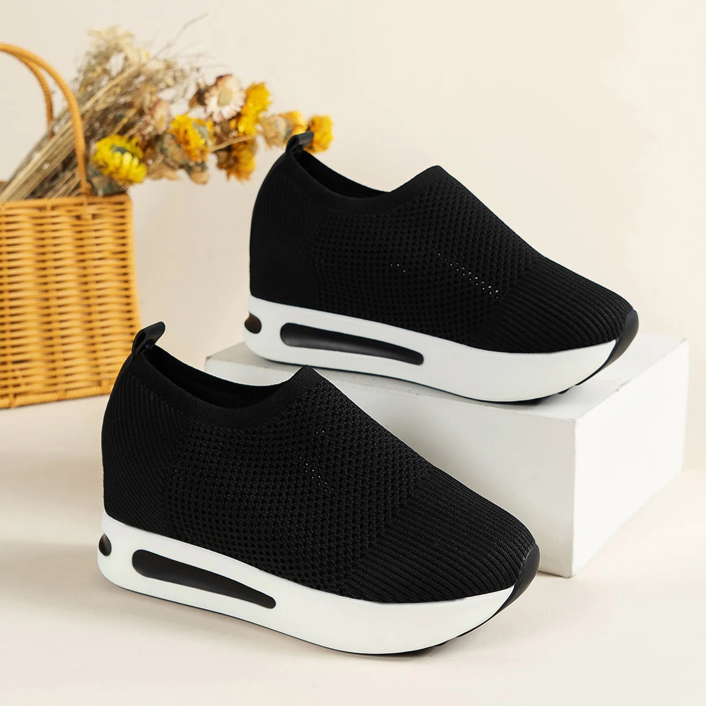 Women'S Tennis Shoes Free Shipping Solid Color Breathable Mesh Hollow Wedges Thick Sole Rocking Shoes Woman Platform Sneakers