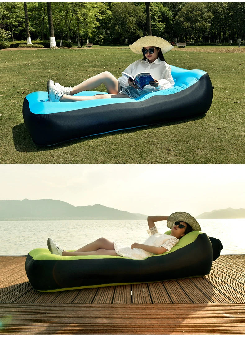 Lazy Sofa Camping Mat Double Layer Thicken Portable Lazy Inflatable Air Cushion Inflatable Sofa Bed Beach Air Bed Mat Has Pillow