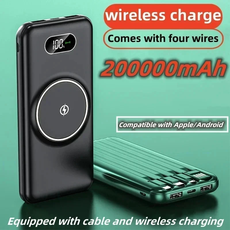 Wireless Power Bank with Large Capacity of 200000 MAh, Fast Charging Apple Android Universal Built-in Cable Mobile Power Supply