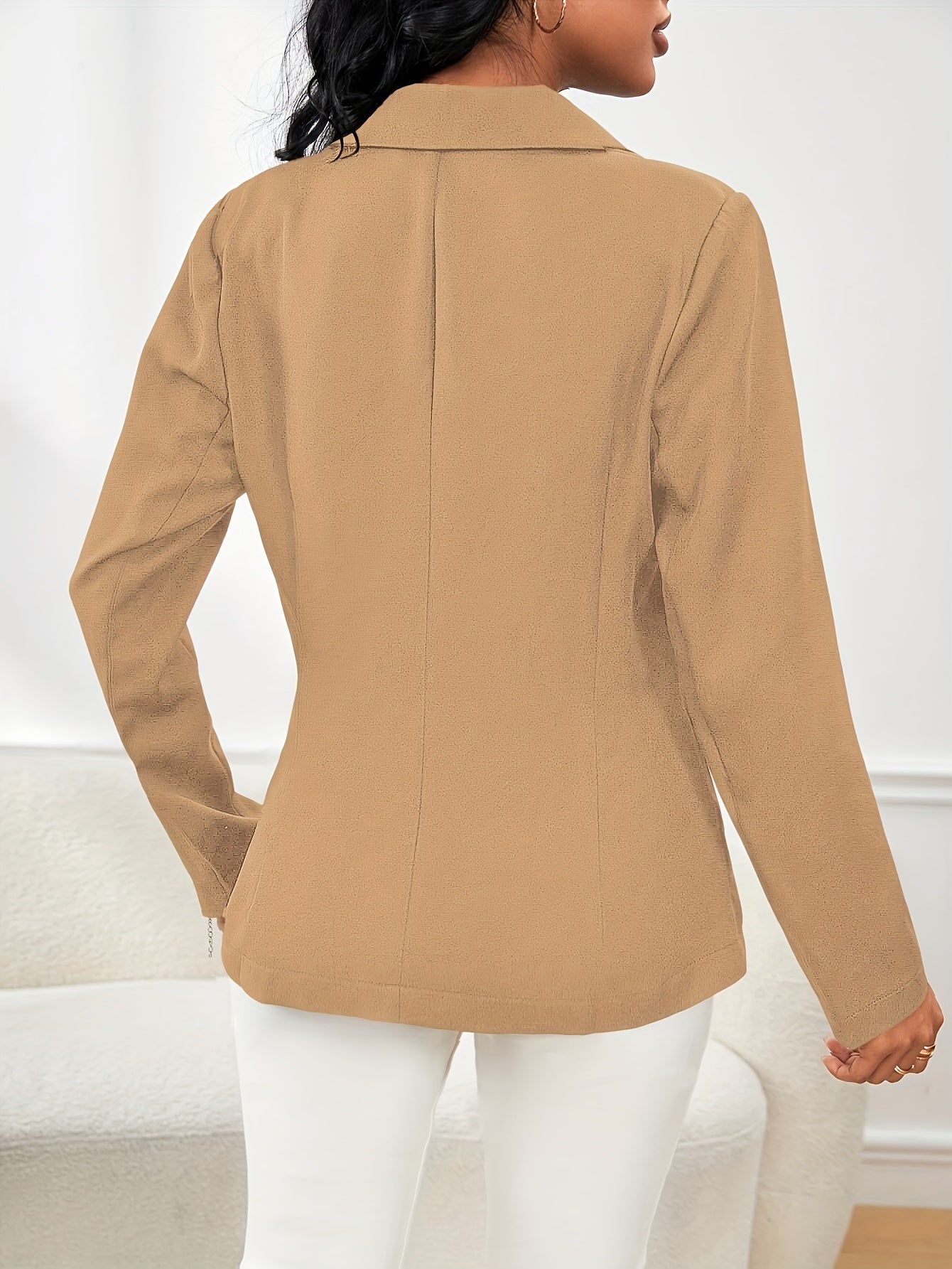 Winter & Fall Essential - Elegant Long Sleeve Double Breasted Solid Color Pea Coat Blazer - Unlined, Micro Elasticity, Polyester Material, Regular Length, No Belt, Button Details
