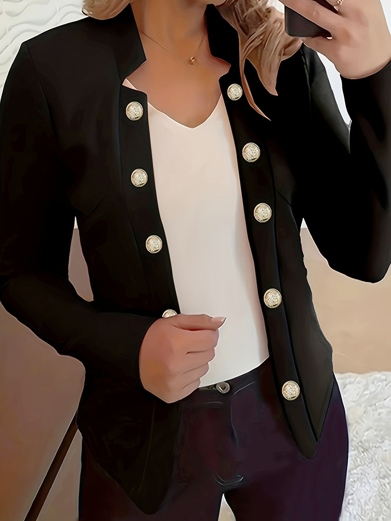 Open Front Solid Blazer, Casual Long Sleeve Simple Outerwear With Buttons, Women's Clothing