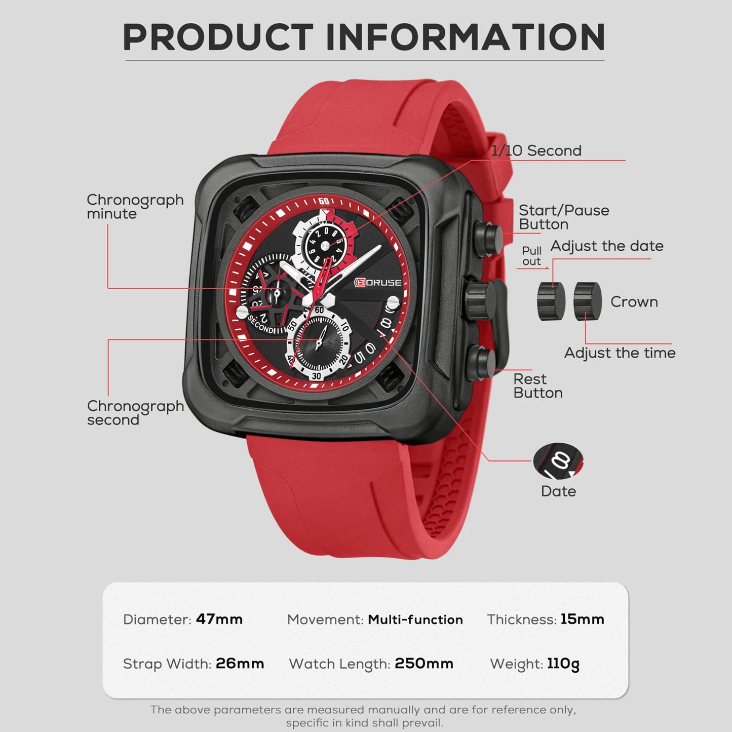 BORUSE Mens Chronograph Watches for Men Red Silicone Watches Male Business Quartz Clock Waterproof Watch