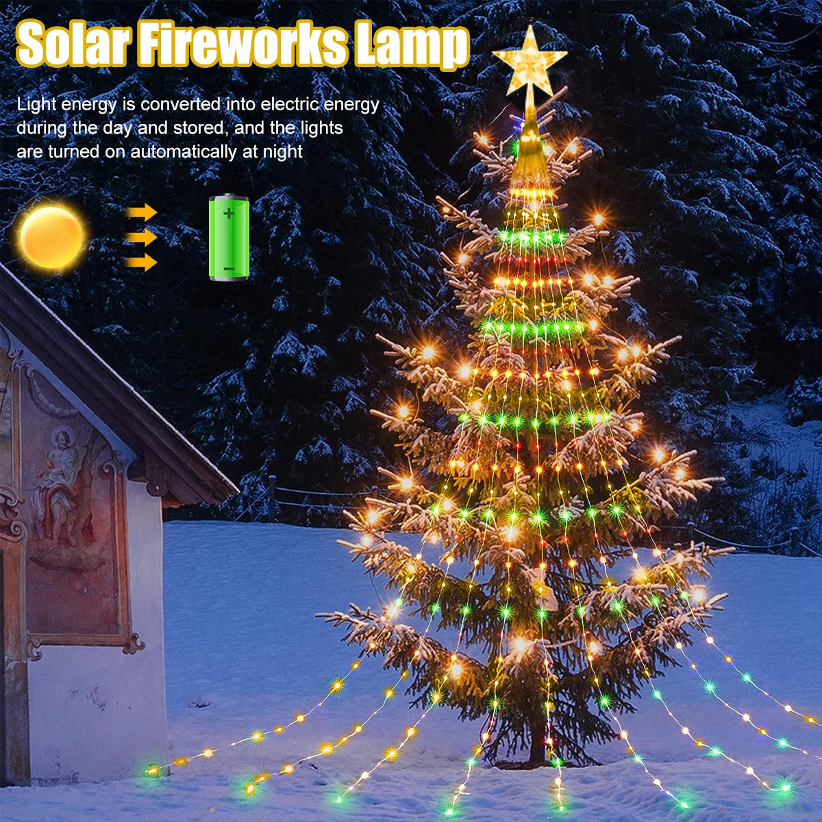 Solar Five-Pointed Star Waterfall Light Christmas Tree Decorations For Garden Pendant New year's eve Decorations Supplies 2024