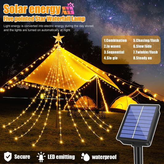 Solar Five-Pointed Star Waterfall Light Christmas Tree Decorations For Garden Pendant New year's eve Decorations Supplies 2024