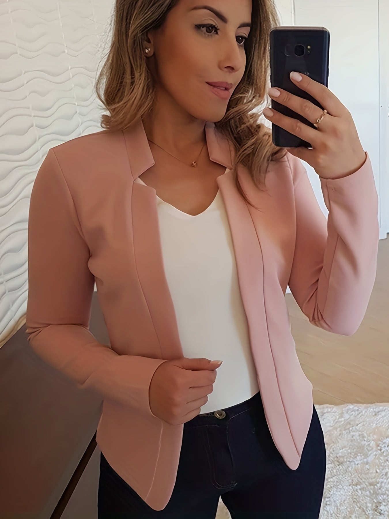 Chic Womens Fitted Blazer - Versatile Open Front Design - Tailored for Office Elegance - Long Sleeve Comfort