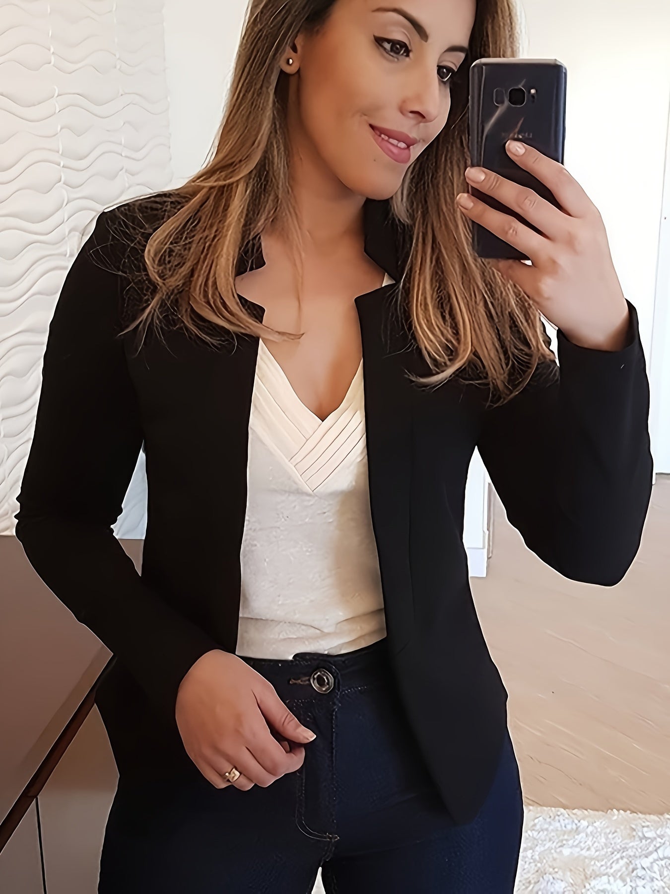 Chic Womens Fitted Blazer - Versatile Open Front Design - Tailored for Office Elegance - Long Sleeve Comfort