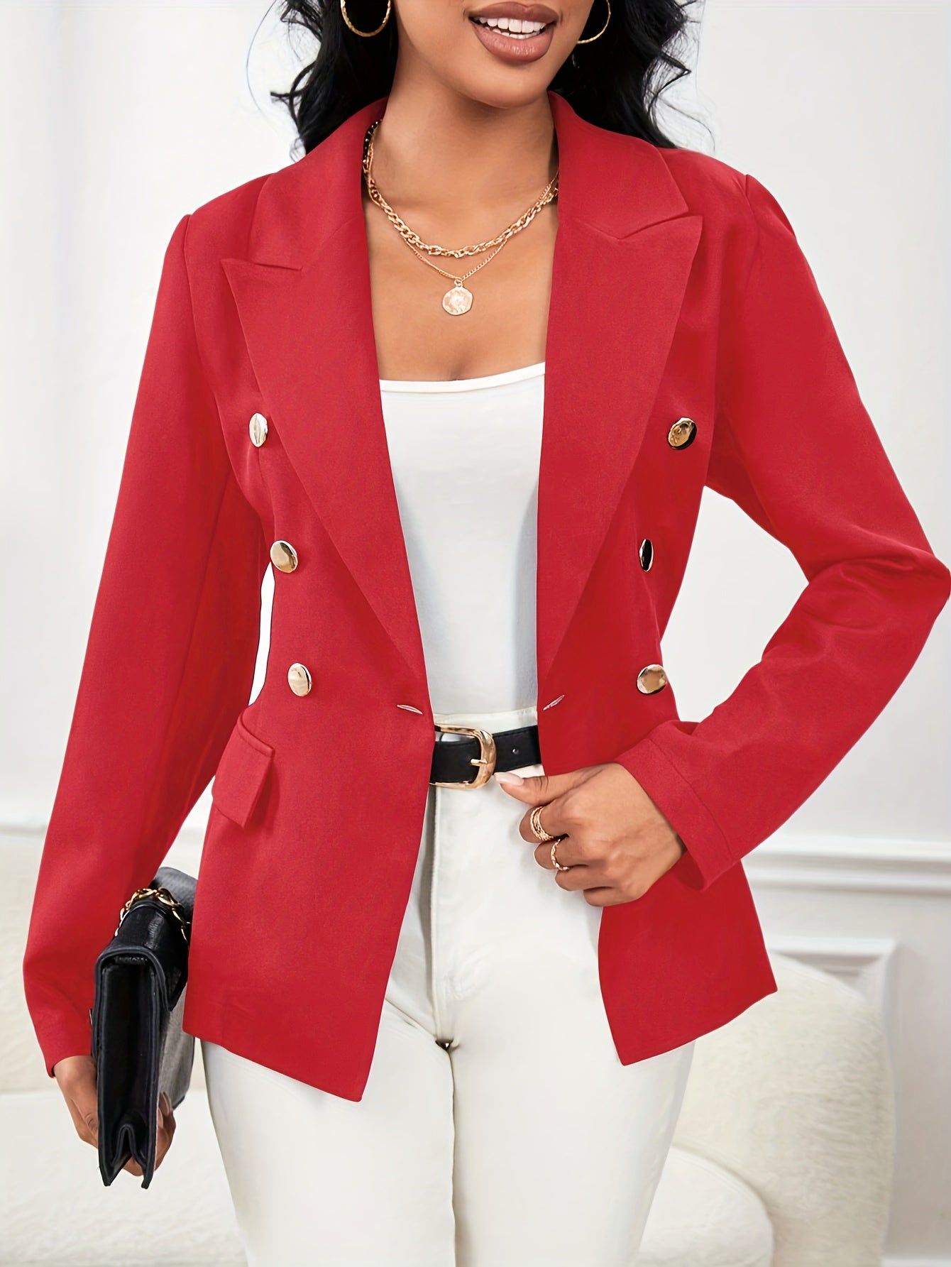 Winter & Fall Essential - Elegant Long Sleeve Double Breasted Solid Color Pea Coat Blazer - Unlined, Micro Elasticity, Polyester Material, Regular Length, No Belt, Button Details