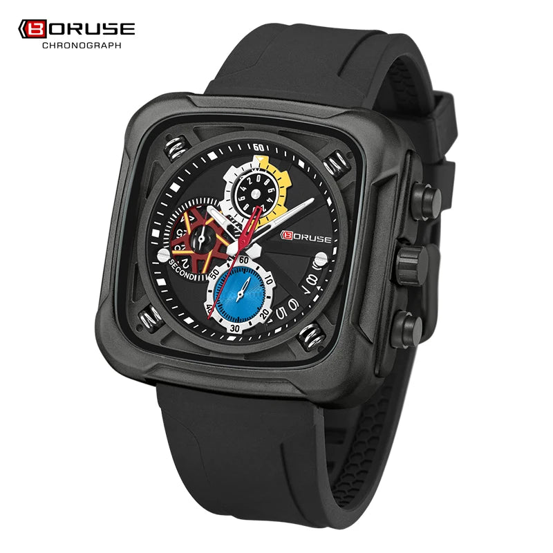 BORUSE Mens Chronograph Watches for Men Red Silicone Watches Male Business Quartz Clock Waterproof Watch