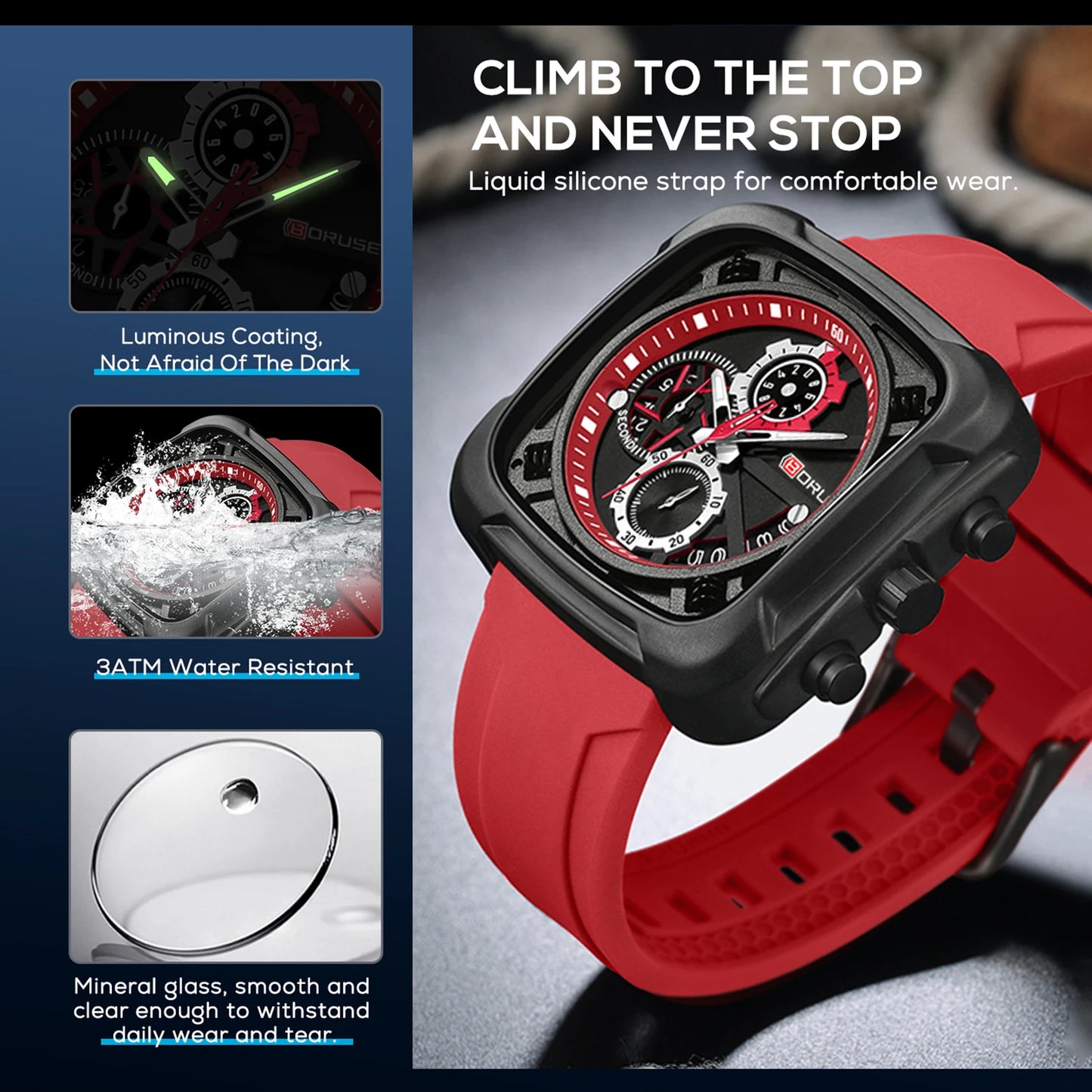 BORUSE Mens Chronograph Watches for Men Red Silicone Watches Male Business Quartz Clock Waterproof Watch