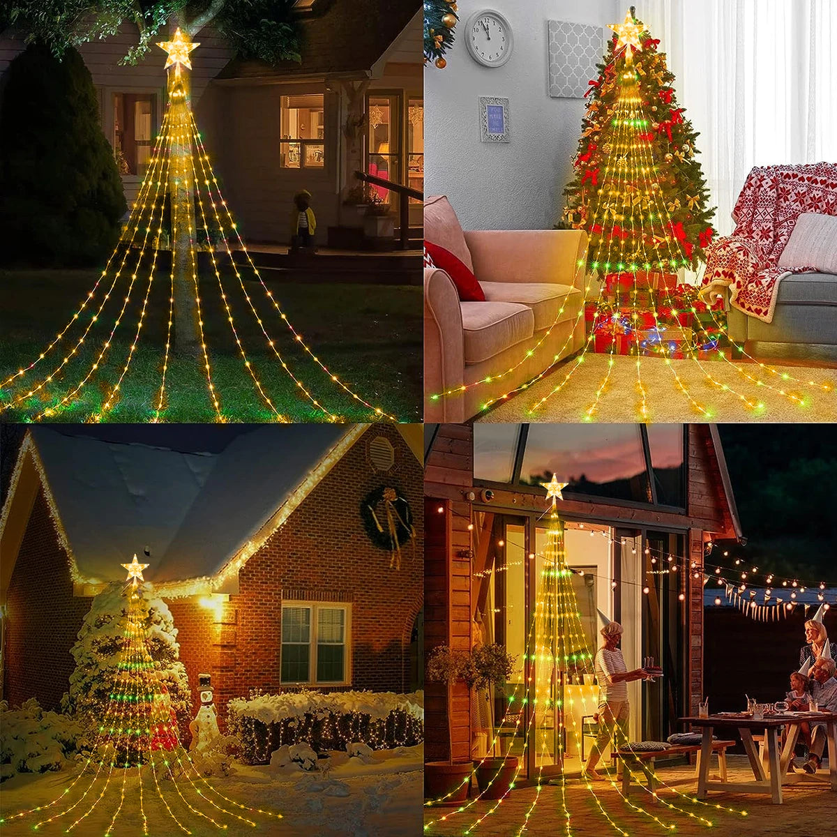 Solar Five-Pointed Star Waterfall Light Christmas Tree Decorations For Garden Pendant New year's eve Decorations Supplies 2024
