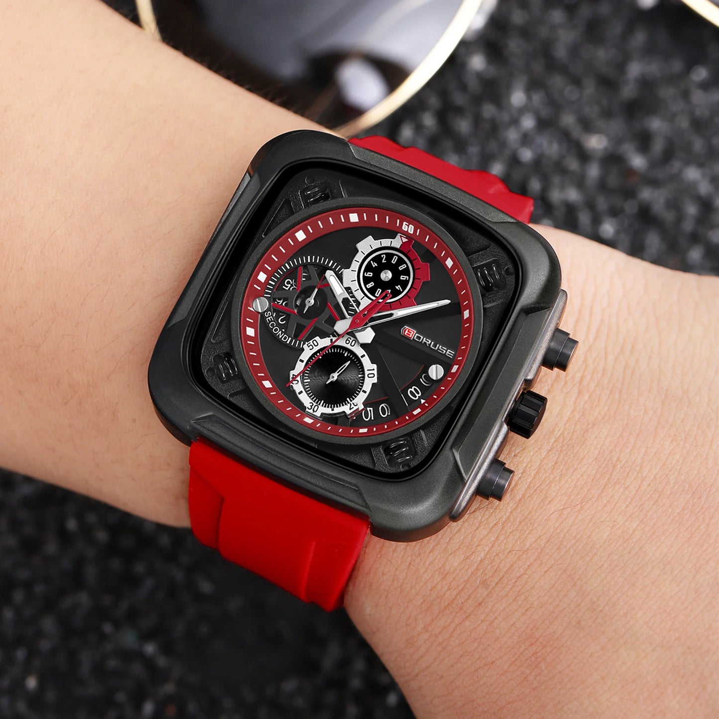 BORUSE Mens Chronograph Watches for Men Red Silicone Watches Male Business Quartz Clock Waterproof Watch