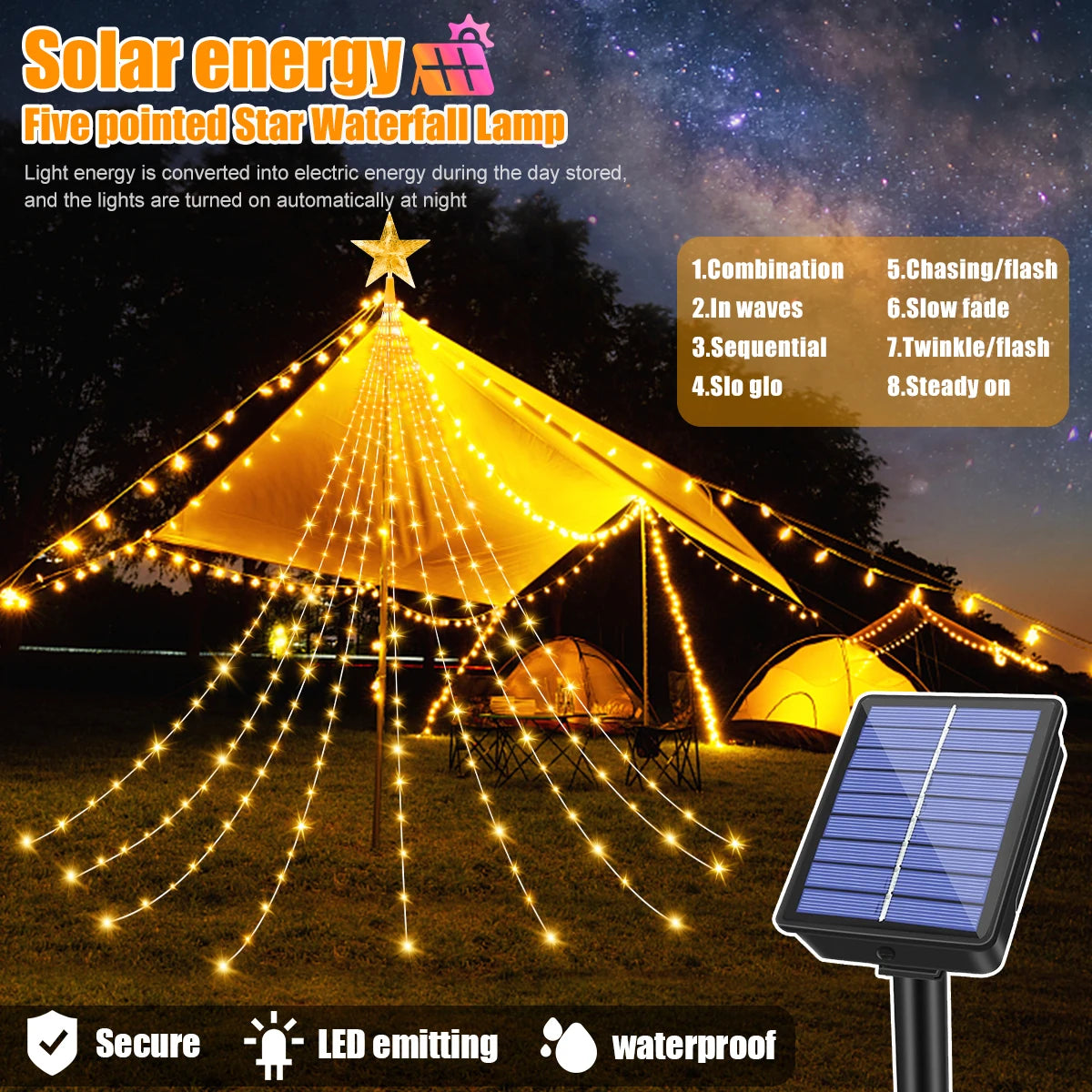 Solar Five-Pointed Star Waterfall Light Christmas Tree Decorations For Garden Pendant New year's eve Decorations Supplies 2024