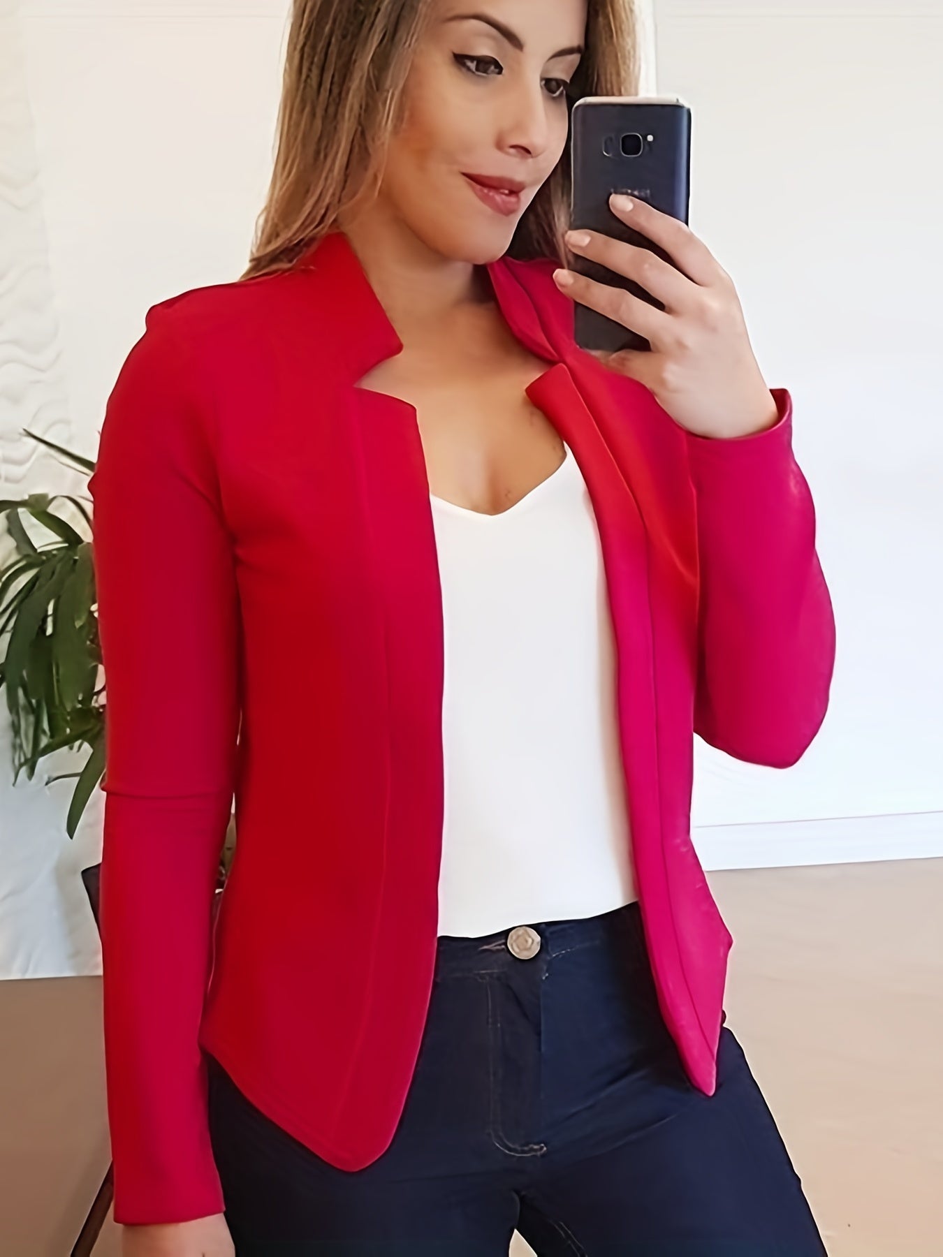 Chic Womens Fitted Blazer - Versatile Open Front Design - Tailored for Office Elegance - Long Sleeve Comfort