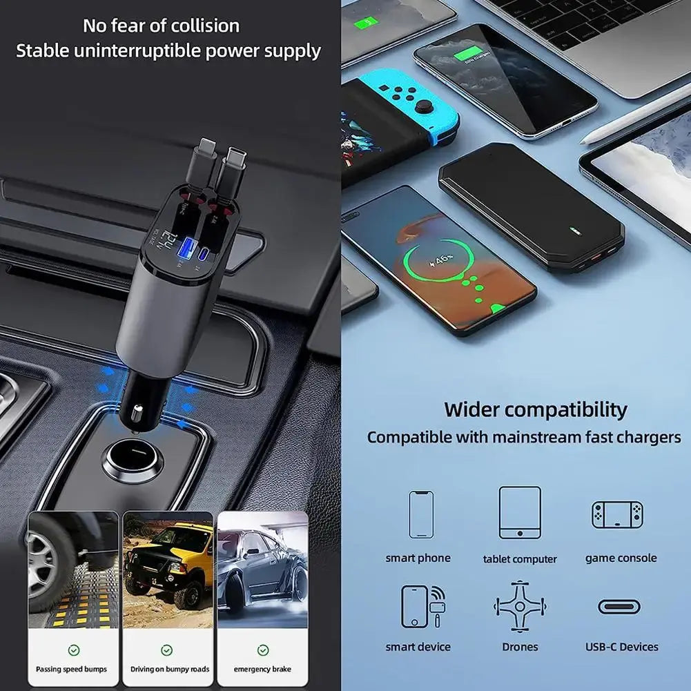 Versatile 100W Car ChargerWwith Retractable Cable